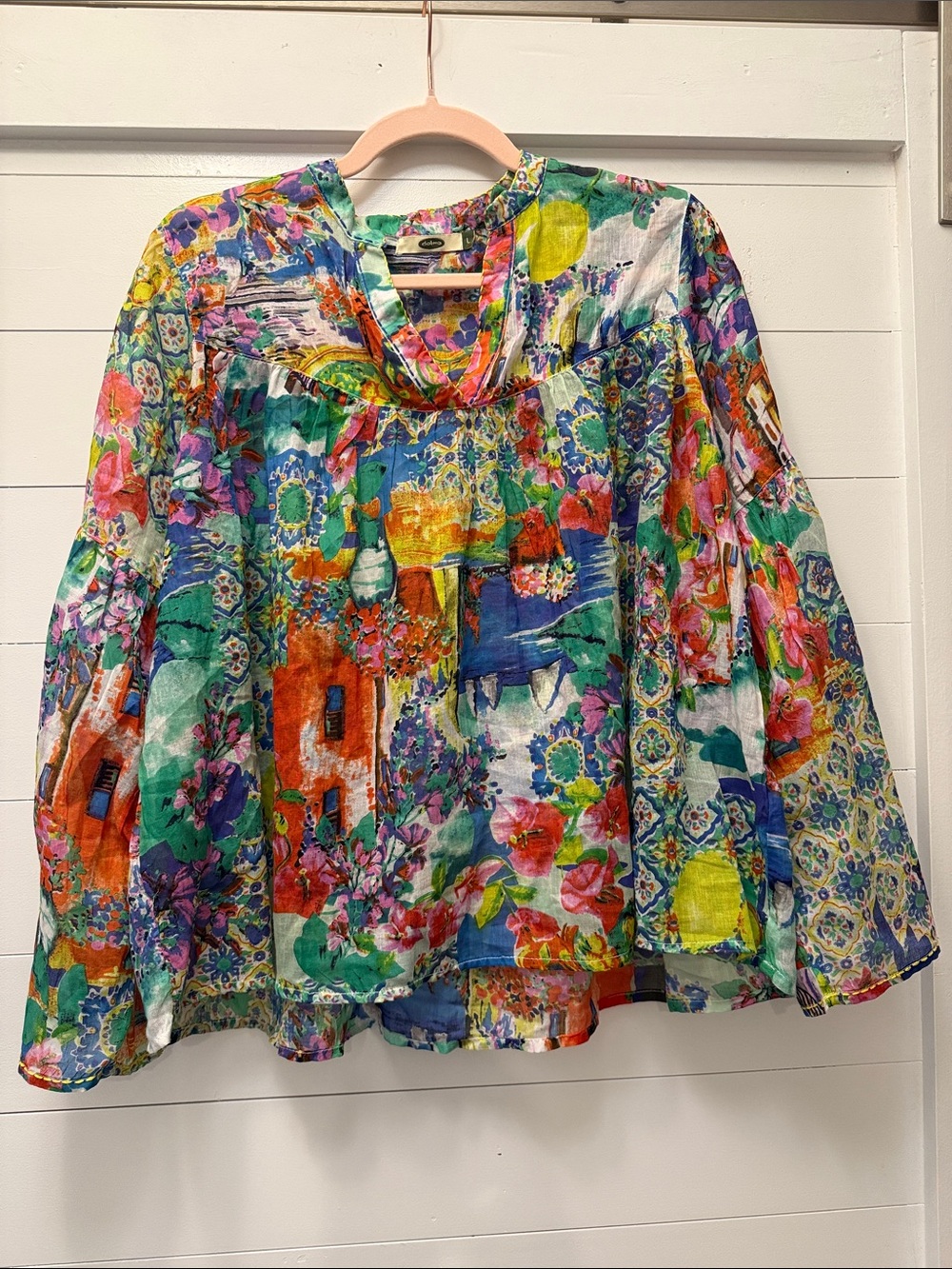 Multicolor Floral Watercolor Peasant Tunic - Women